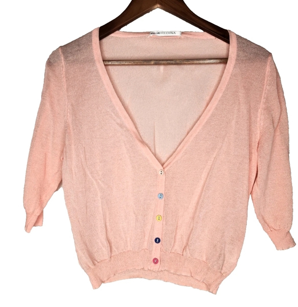 Yedina Half Sleeve V-Neck Cardigan Sweater in Pink Size S